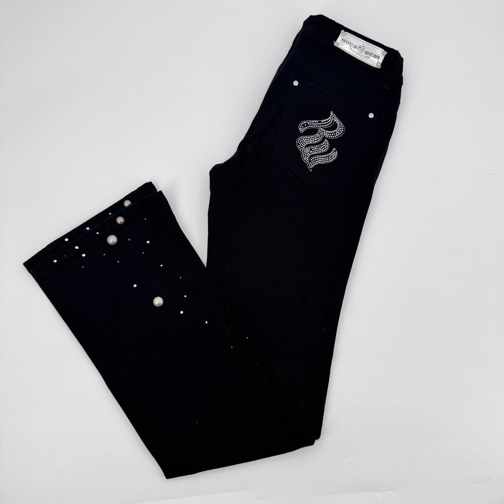 Rocawear Jeans Juniors 5 Black Bootcut Pearl Studded Rhinestone Stretch Y2K